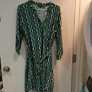 Mlle Gabrielle Green and Blue Geometric Long Sleeve Dress